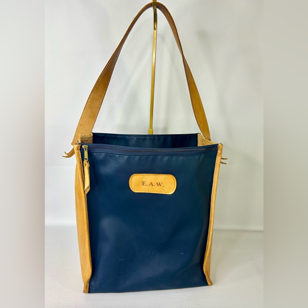 Jon Hart Left Bank Tote Navy Canvas & Tan Leather Monogram E.A.W. Shoulder Bag
